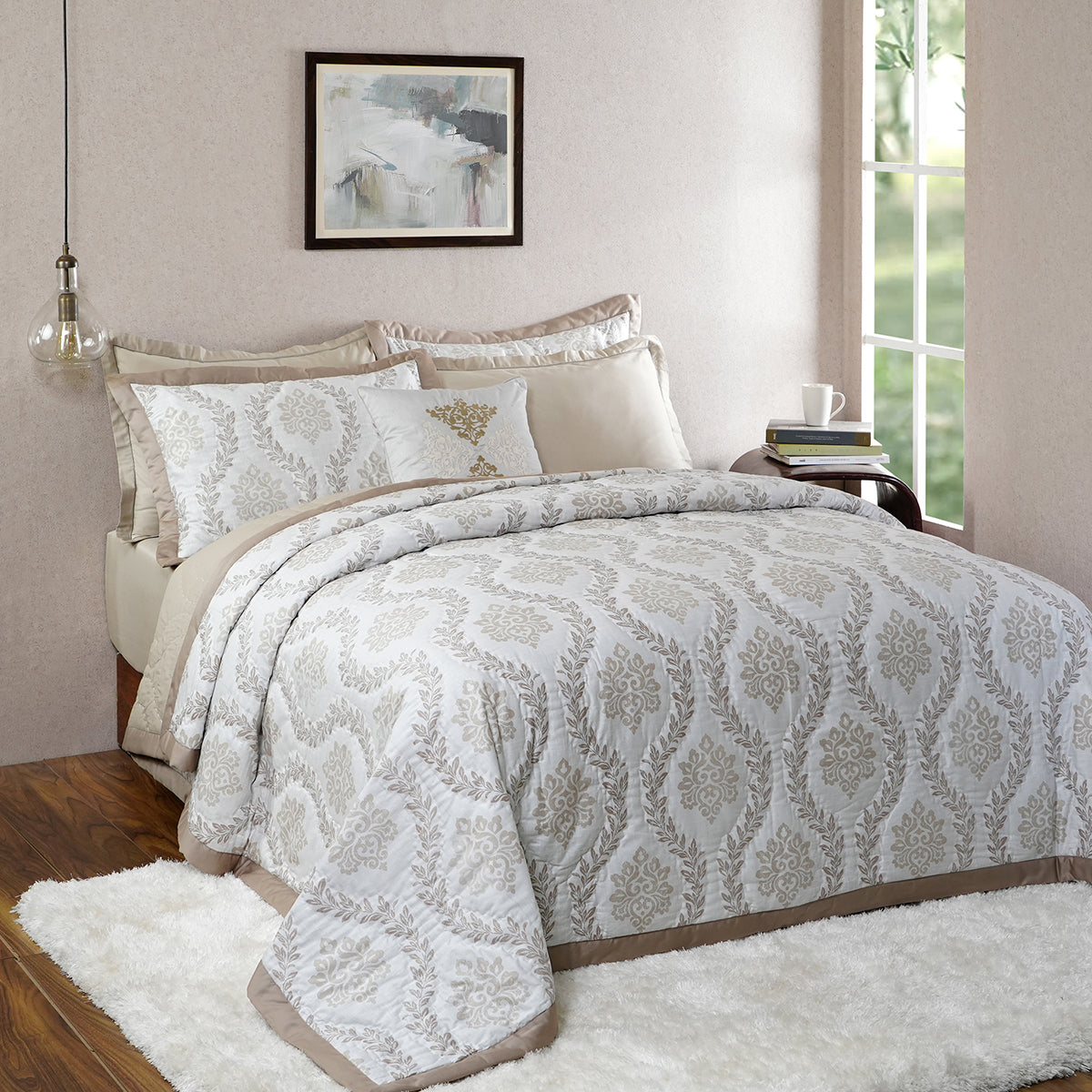 Tranquil Essence Lawn Leaflet Beige 8 PC Quilt/Quilted Bed Cover Set