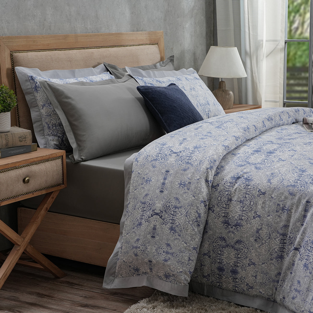 PBS Refined Retro Baroque 100% Cotton Soft Blue 8PC Duvet Cover Set