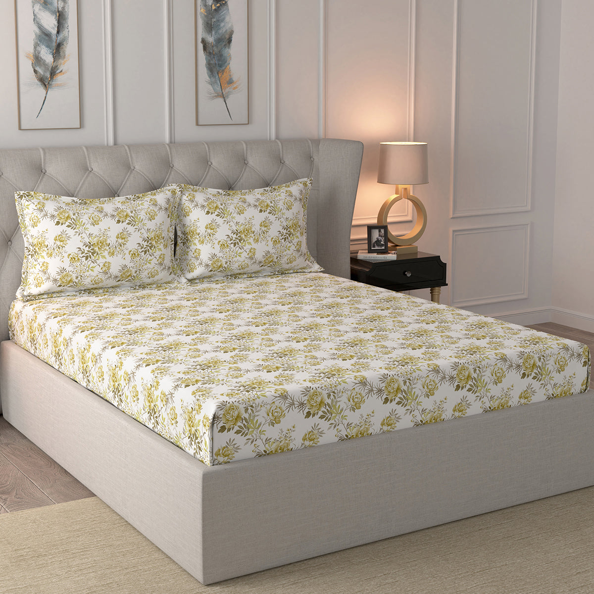 Giardino Eleanor Printed 100% Cotton Yellow Bed Sheet