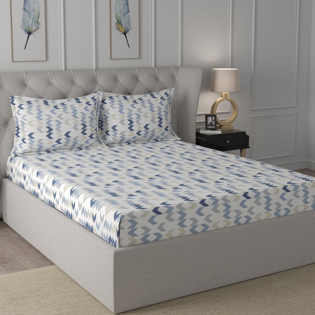 Inhouse Ardour Ingrid Printed 200 TC 100% Cotton Blue Bed Sheet