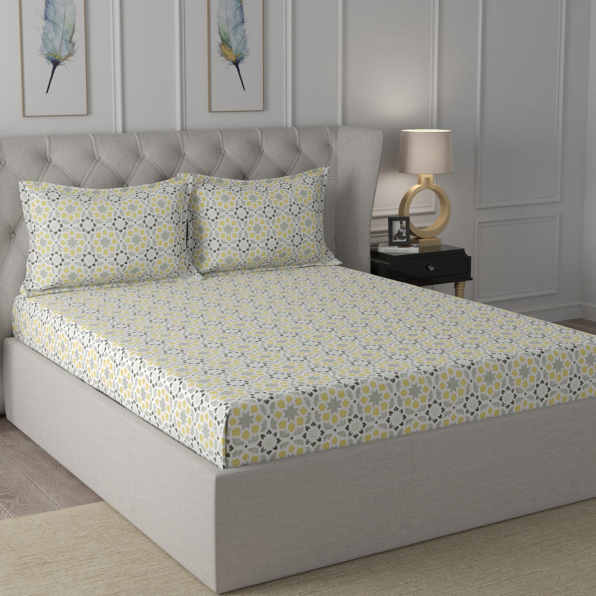 Inhouse Ardour Darien Printed 200 TC 100% Cotton Gold Bed Sheet