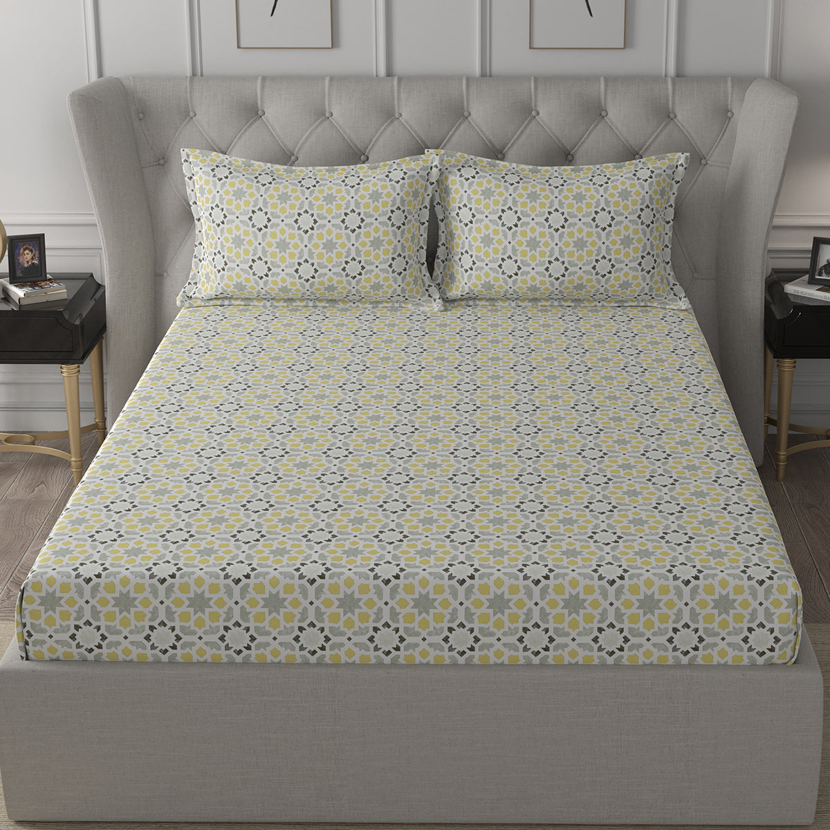 Inhouse Ardour Darien Printed 200 TC 100% Cotton Gold Bed Sheet