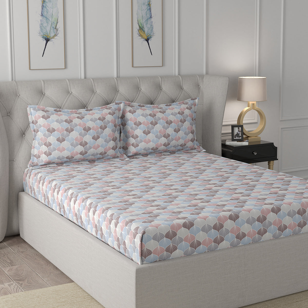 Florescence Boston Printed 100% Cotton Blue Bed Sheet