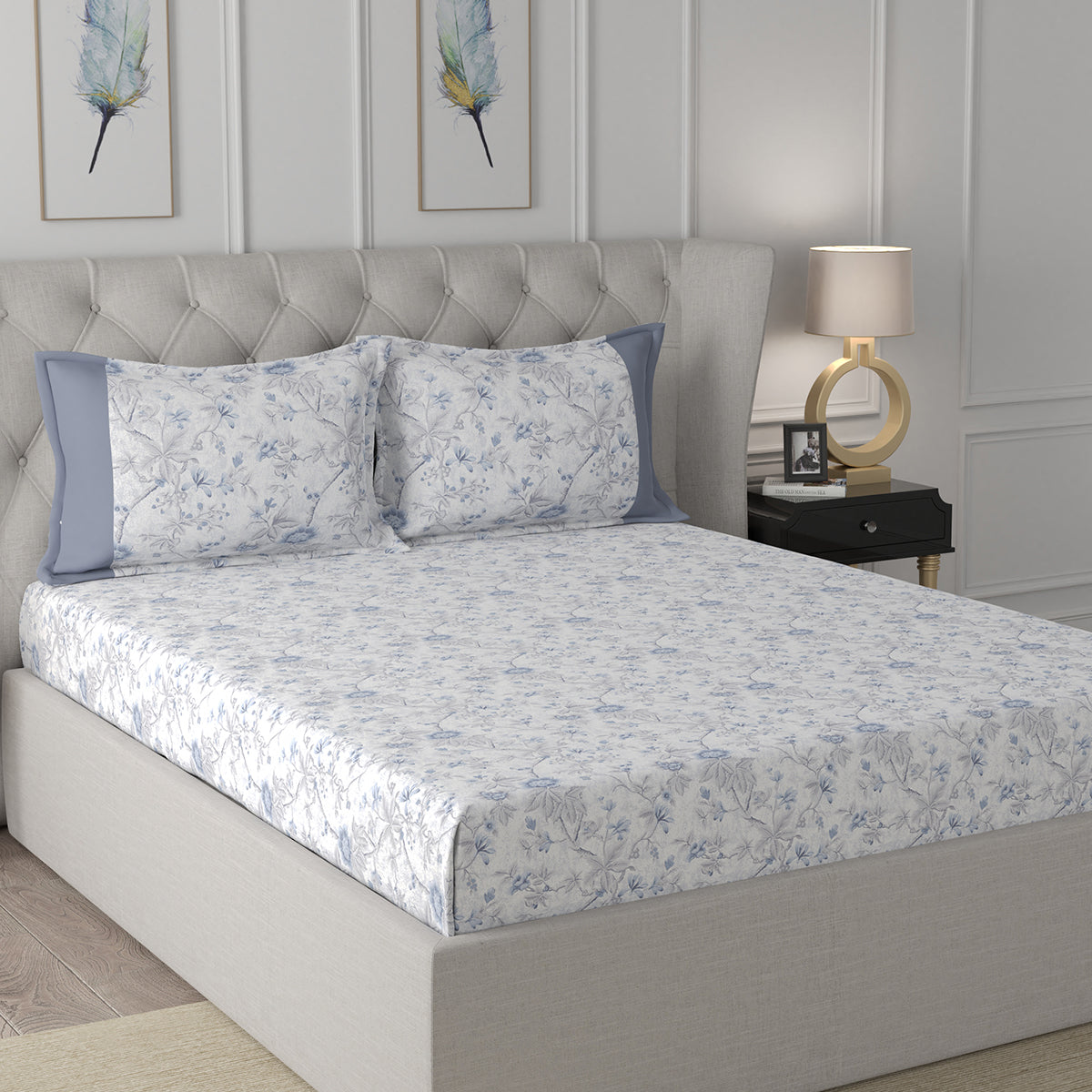 Florescence Juniper Printed 100% Cotton Blue Bed Sheet