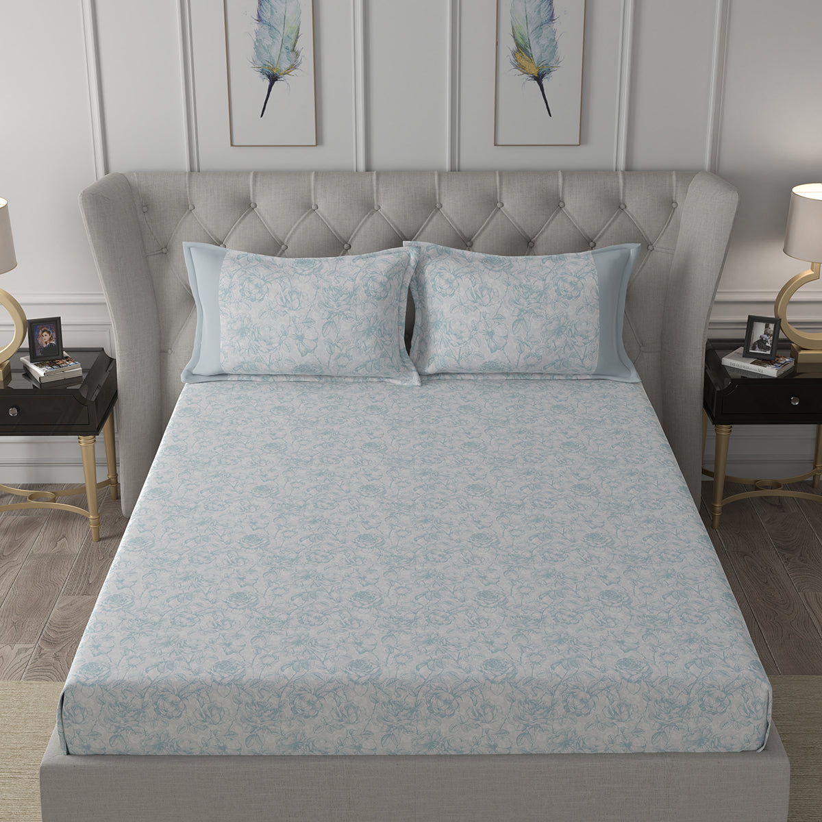 Hermosa Exotic Bouquet Wonderland Blue Bed Sheet with Pillow Case
