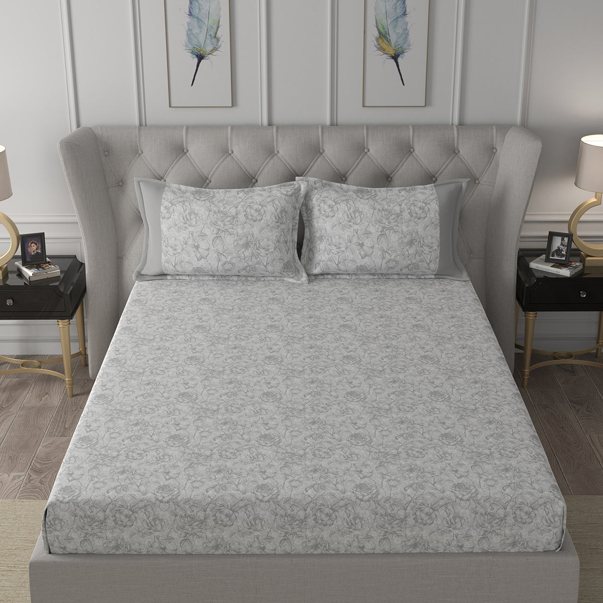 Hermosa Exotic Bouquet Wonderland Neutral Bed Sheet with Pillow Case