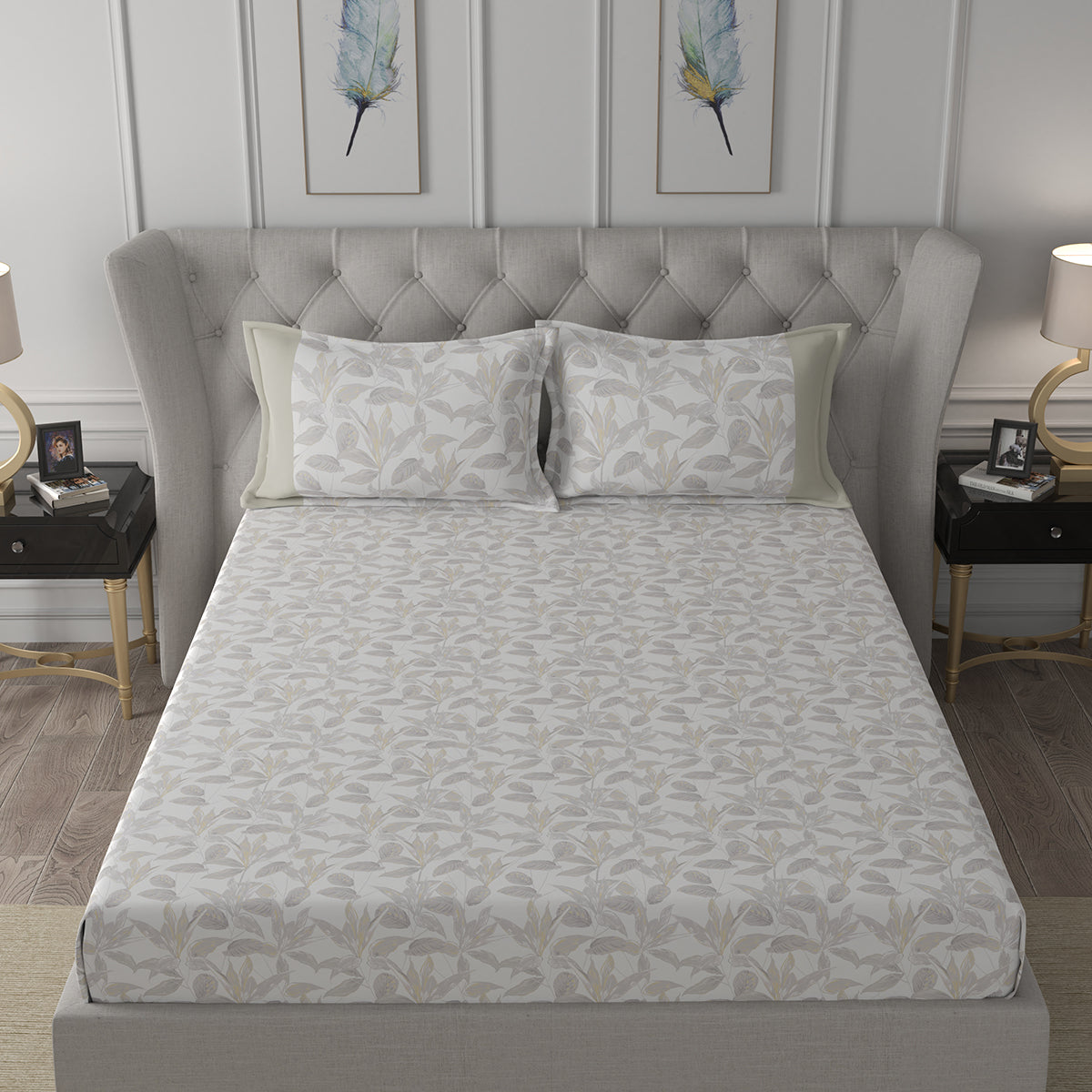Hermosa Exotic Bouquet Tropical Garden Neutral Bed Sheet with Pillow Case