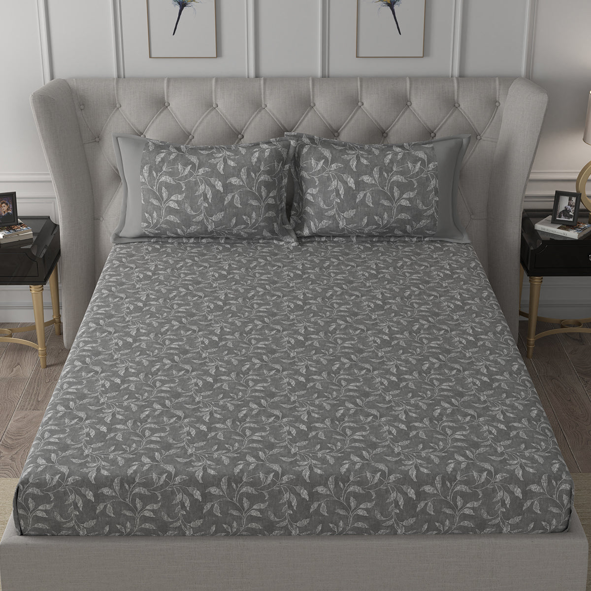 Backyard Patio Rustic Leaf Printed 100%Cotton Grey Bed Sheet with Pillow Covers
