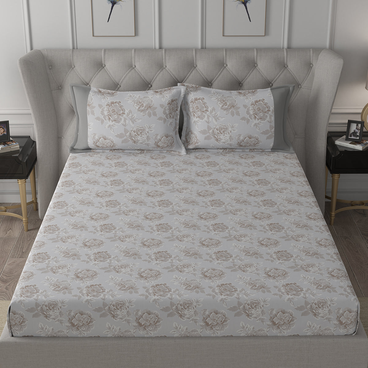 Backyard Patio Silvie Printed 100%Cotton Beige Bed Sheet with Pillow Covers