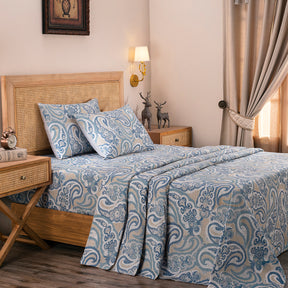 Exotic Heritage Modern Paisely 100%Cotton Blue Printed Bed Sheet Set