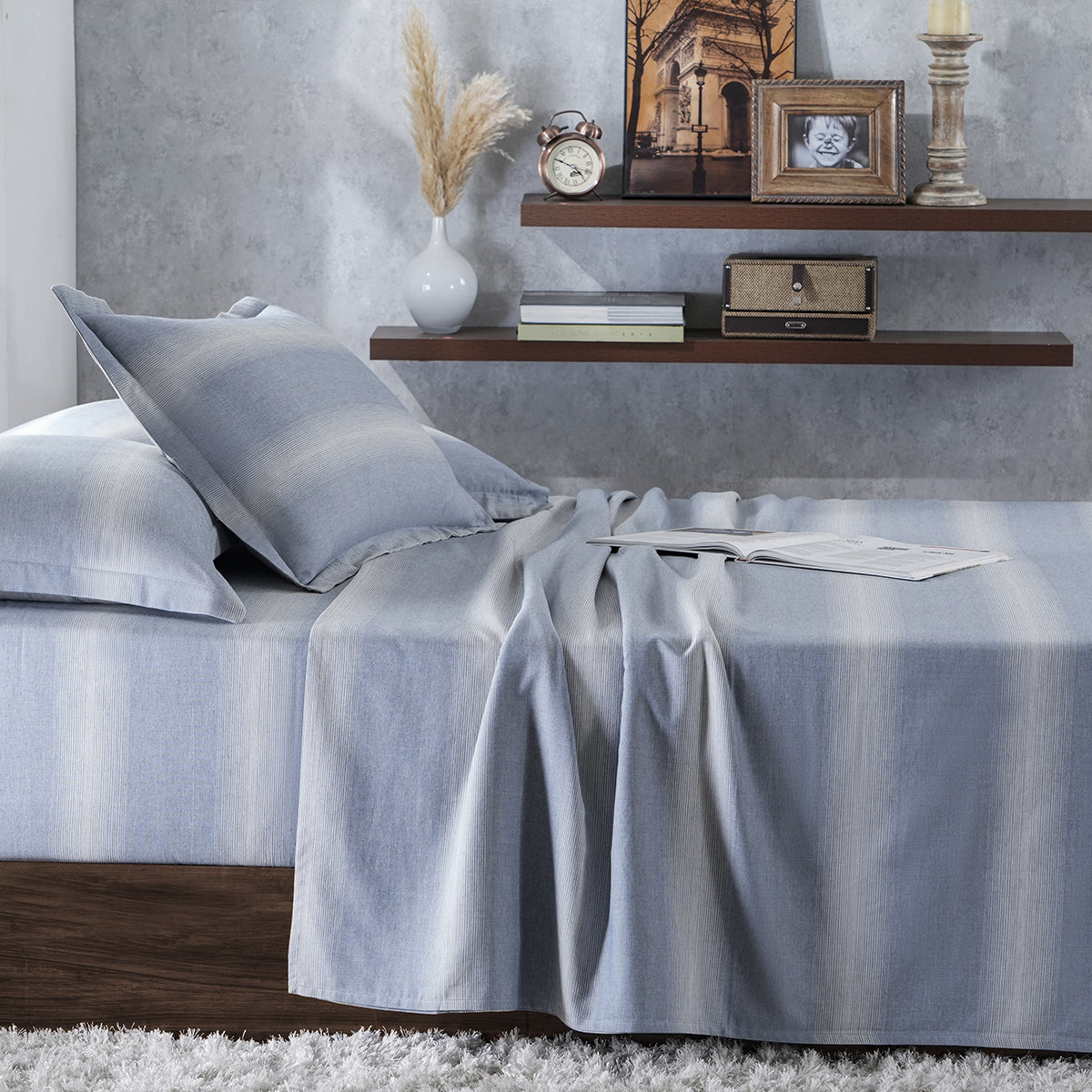 Rhythmic Stripe Reversible Made With Egyptian Cotton Ultra Soft Classic Blue/Grey Marble Bed Sheet Set