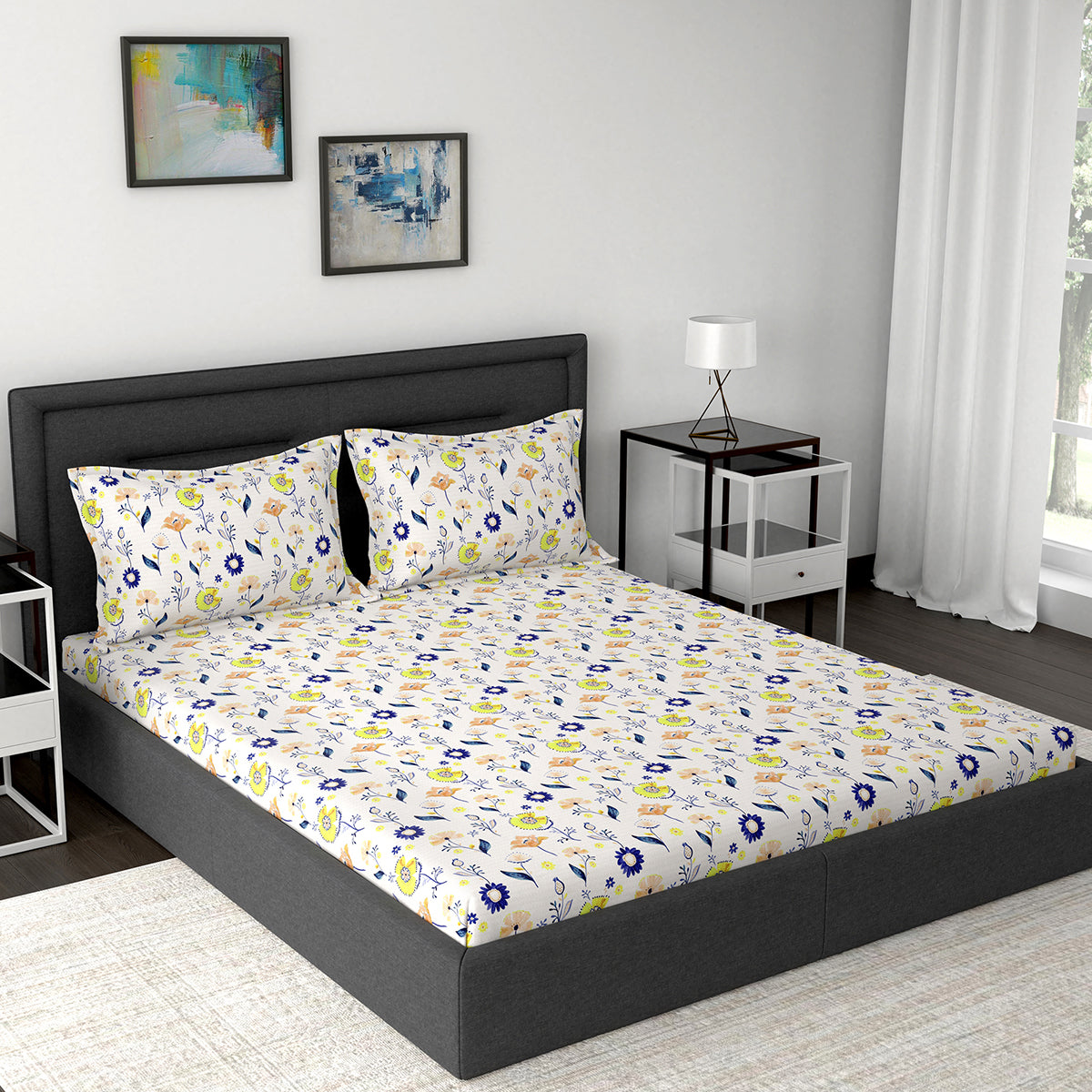 Modern Sanctuary Savion Printed 144 TC 100% Cotton Yellow Bed Sheet