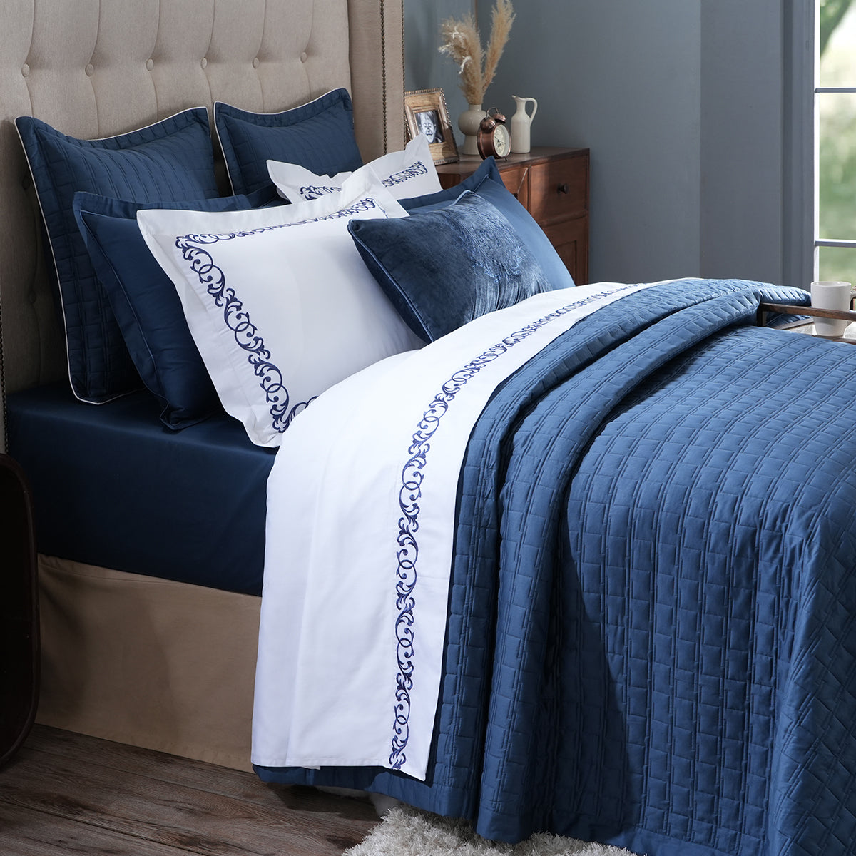 Chester Luxica Moon Light Blue 11PC Quilt/Quilted Bed Cover Set