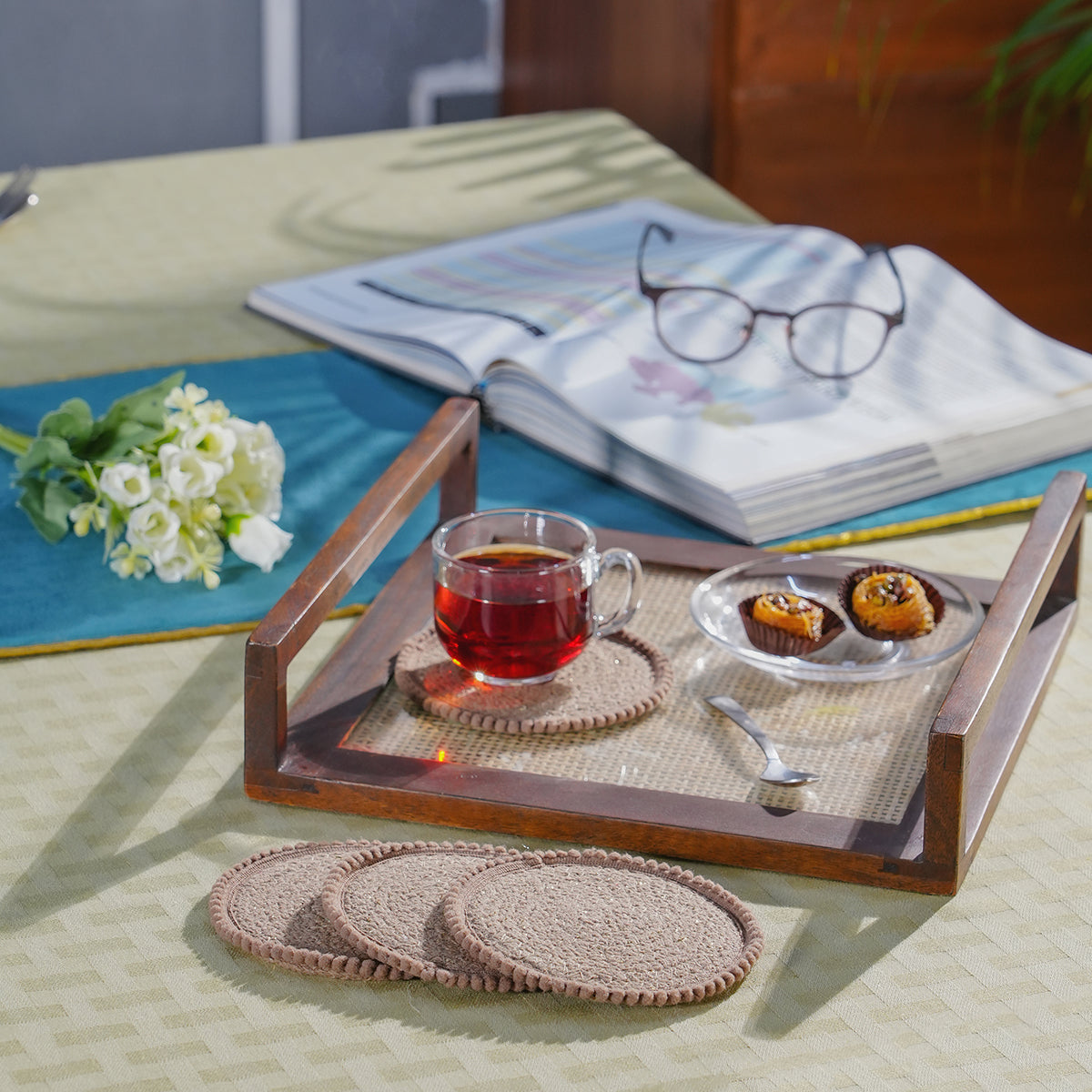 Dazzle Vivien Braided Parchment 4PC Coaster Set With Box Packaging