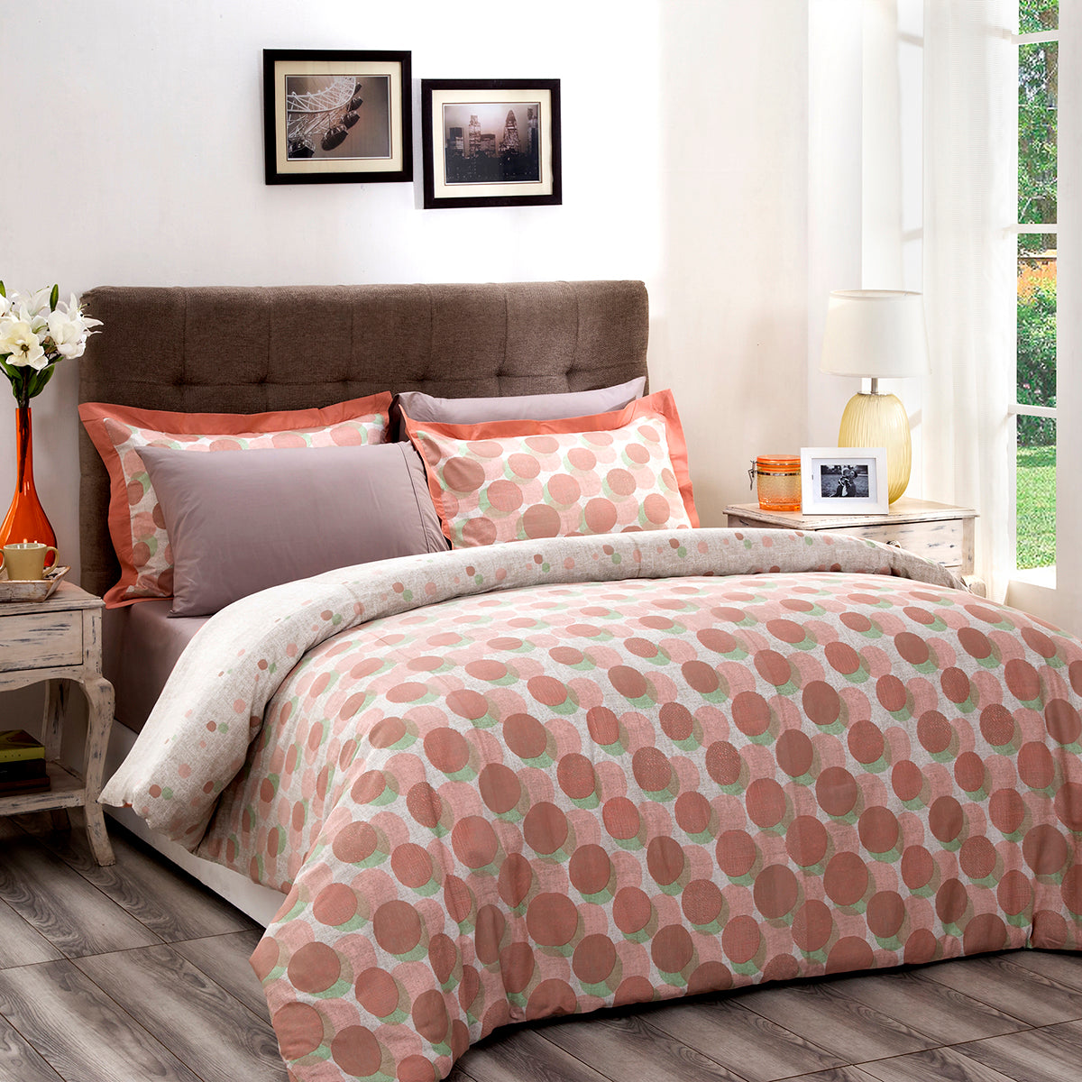 Patina Impression Diagonal Horizon Plain &amp; Printed Reversible 100% Cotton Super Soft Peach Duvet Cover with Pillow Case