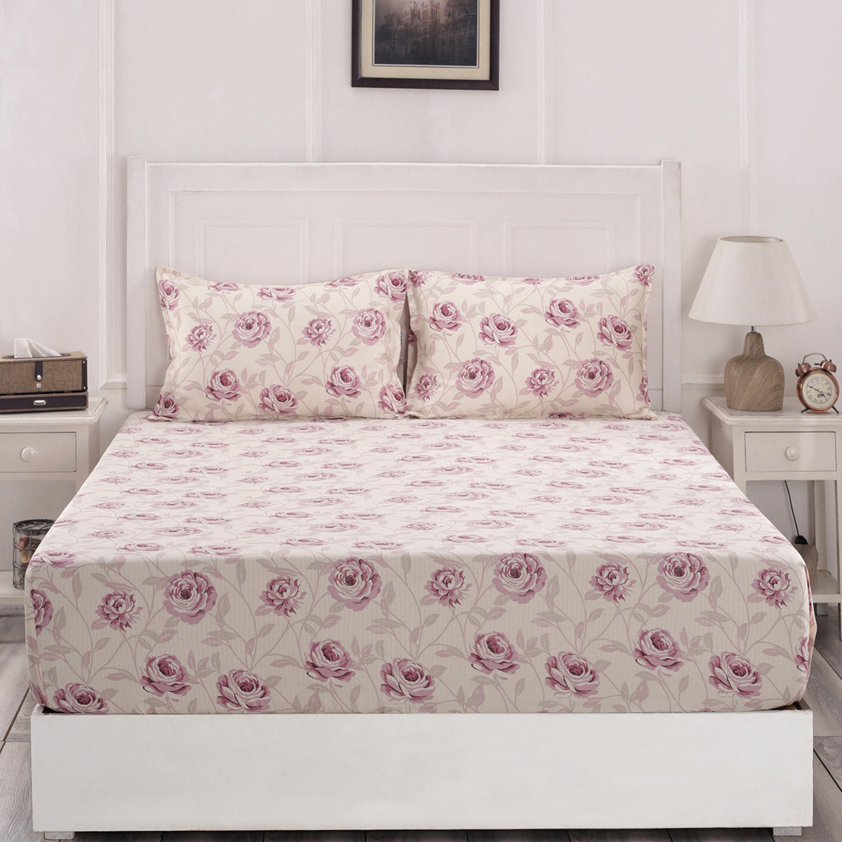 Blossom Couture Maurase Print Purple Fitted Sheet With Pillow Covers