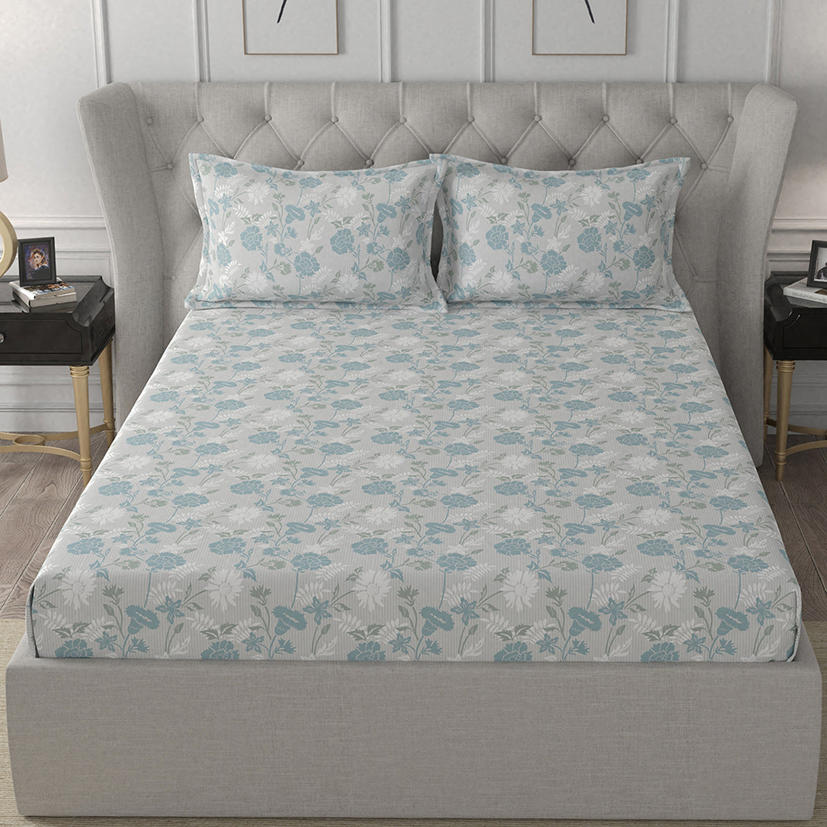 Florescence Briar Print Blue Fitted Sheet With Pillow Covers