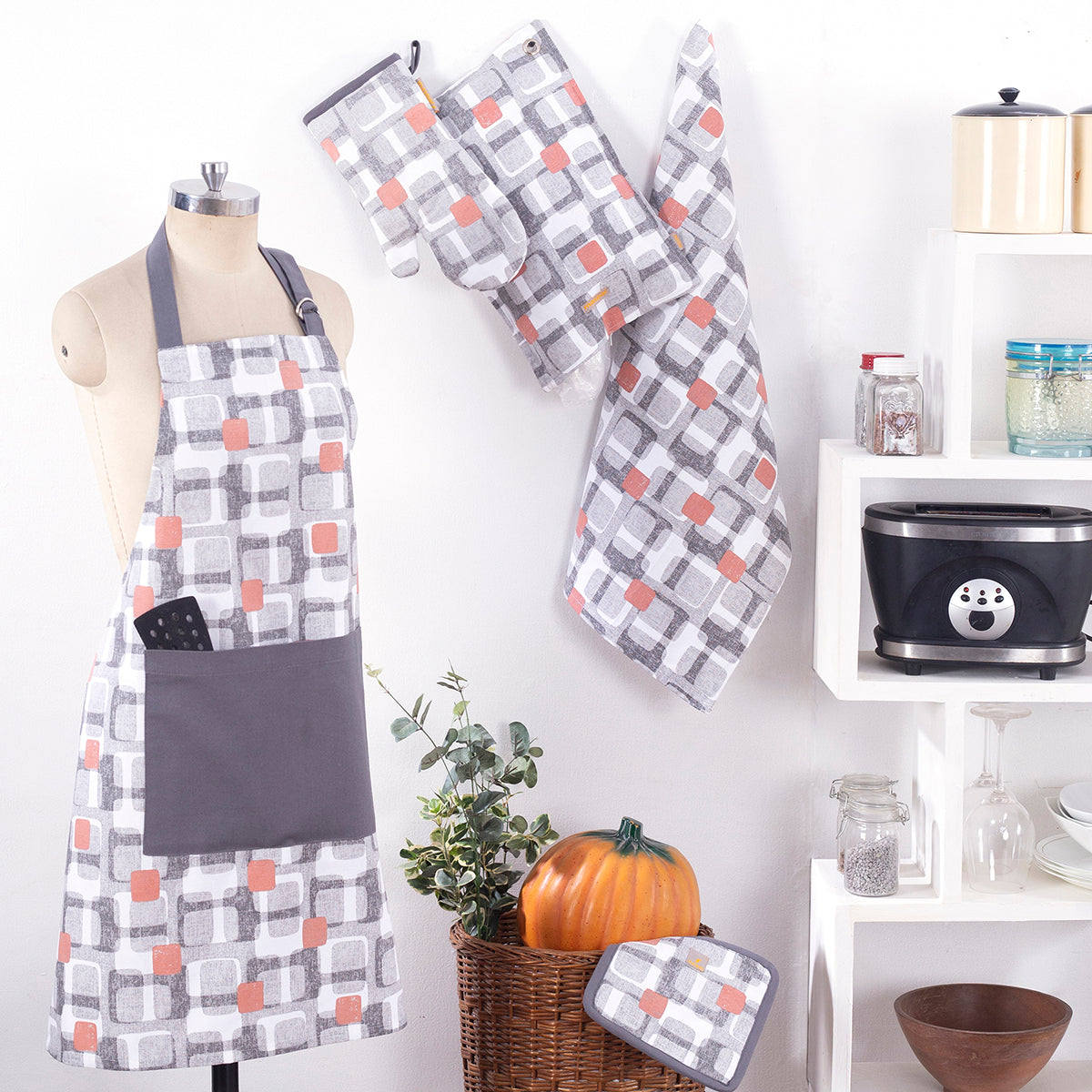 Scandi Block Red/Grey 5 Pc Kitchen Set