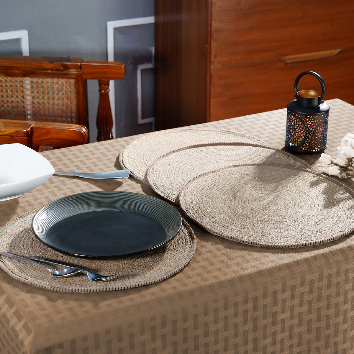 Dazzle Vivien Braided Parchment 4PC Placemat Set With Box Packaging