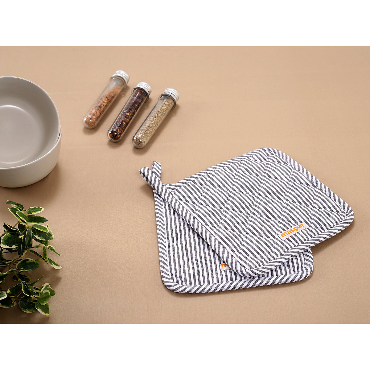 Ticking Stripe 100% Cotton Fabric Black/White 2PC Pot Holder Set