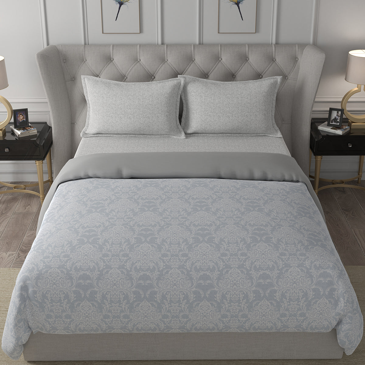Hermosa Exotic Bouquet Damask Floral Grey Quilt