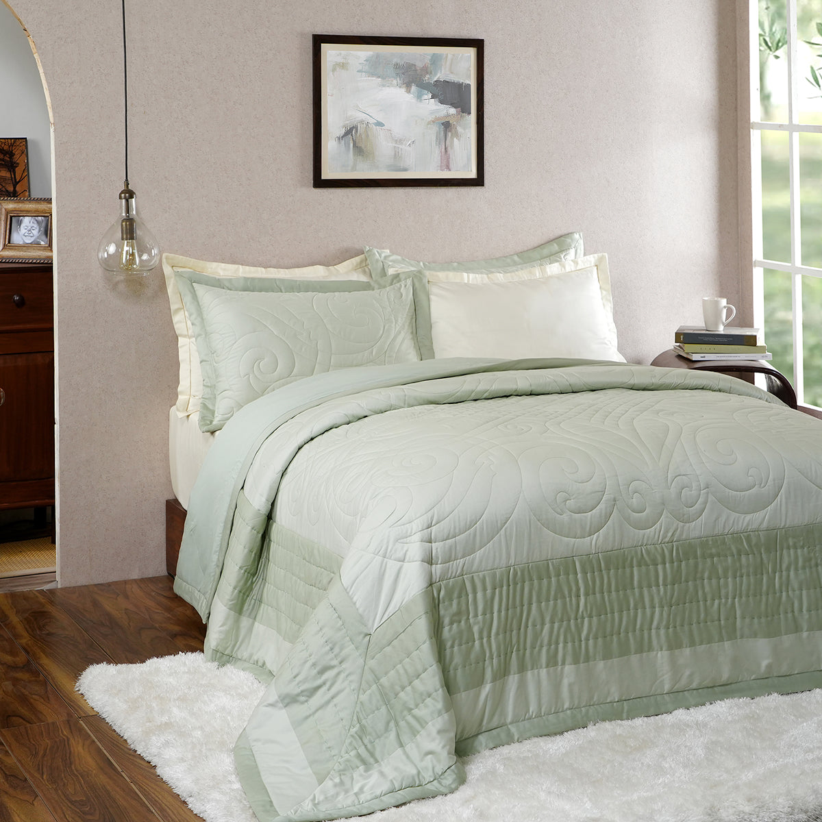 Tranquil Essence Cambric Lawn Green Summer AC Quilt/Quilted Bed Cover/Comforter