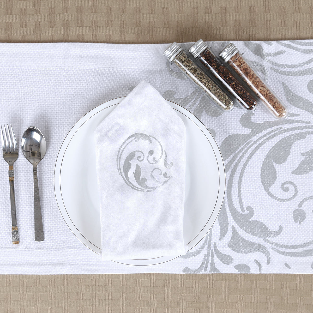 Kaleidoscope Chic Damask Printed White 6 Seater Table Runner